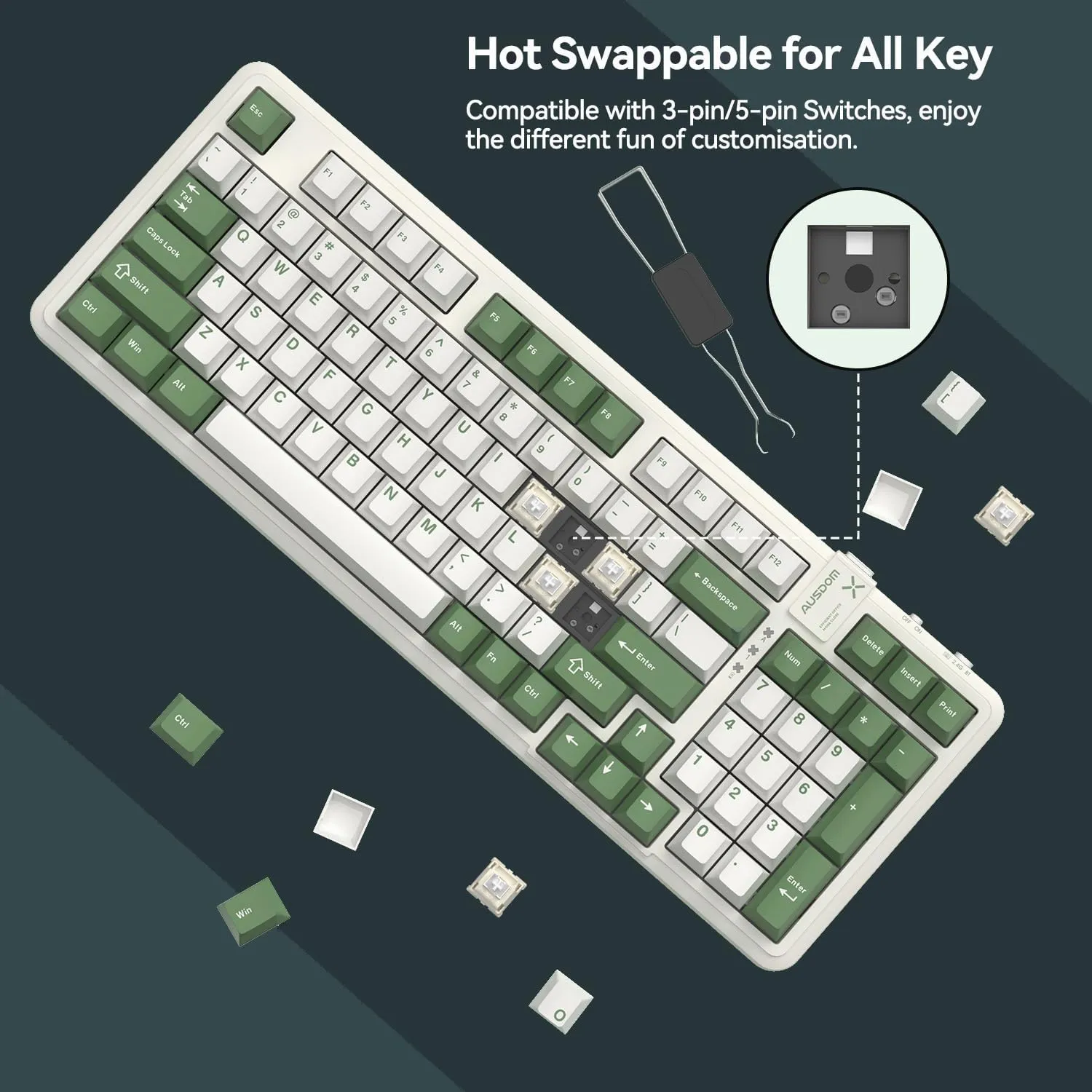 AUSDOM 98Pro Wireless Mechanical Keyboard, Tri-Mode BT/2.4GHz/USB-C Hot Swappable Custom Gaming Keyboard with Backlit, Gasket Structure, Linear Switches for Windows/Mac/PC (Green&White 97keys)