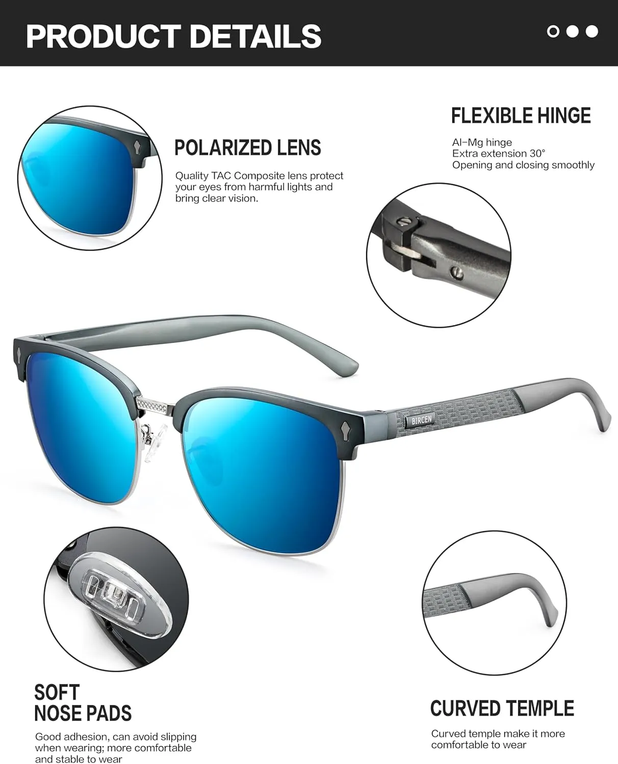 BIRCEN Polarized Sunglasses for Men UV - Protection Classic Shades for Driving Sports Fishing with Al-Mg Metal Frame