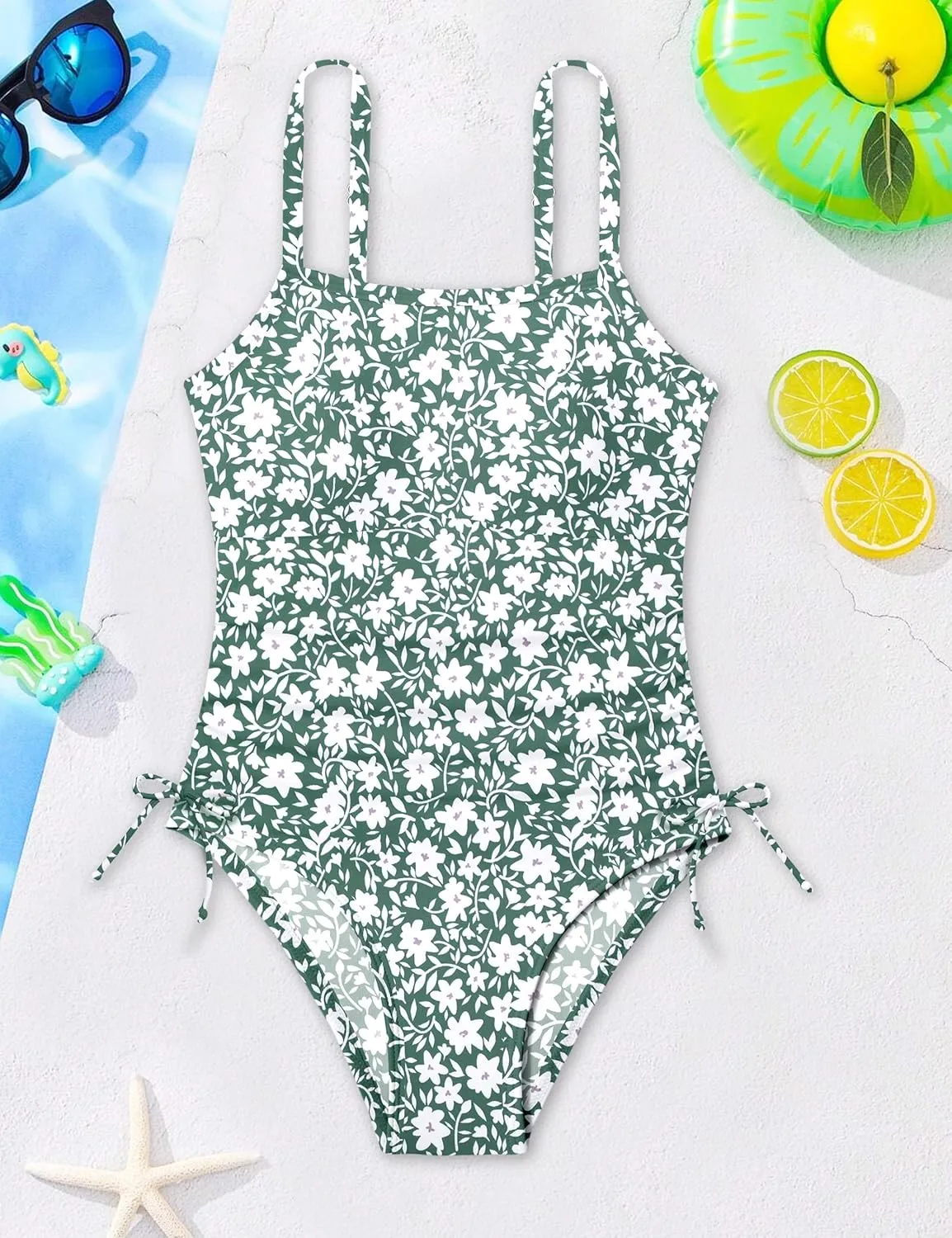 Girls Swimsuit One Piece Bathing Suit Color Block Strap Swimwear Drawstring Swimsuits for Teens 9-16Y with Padded