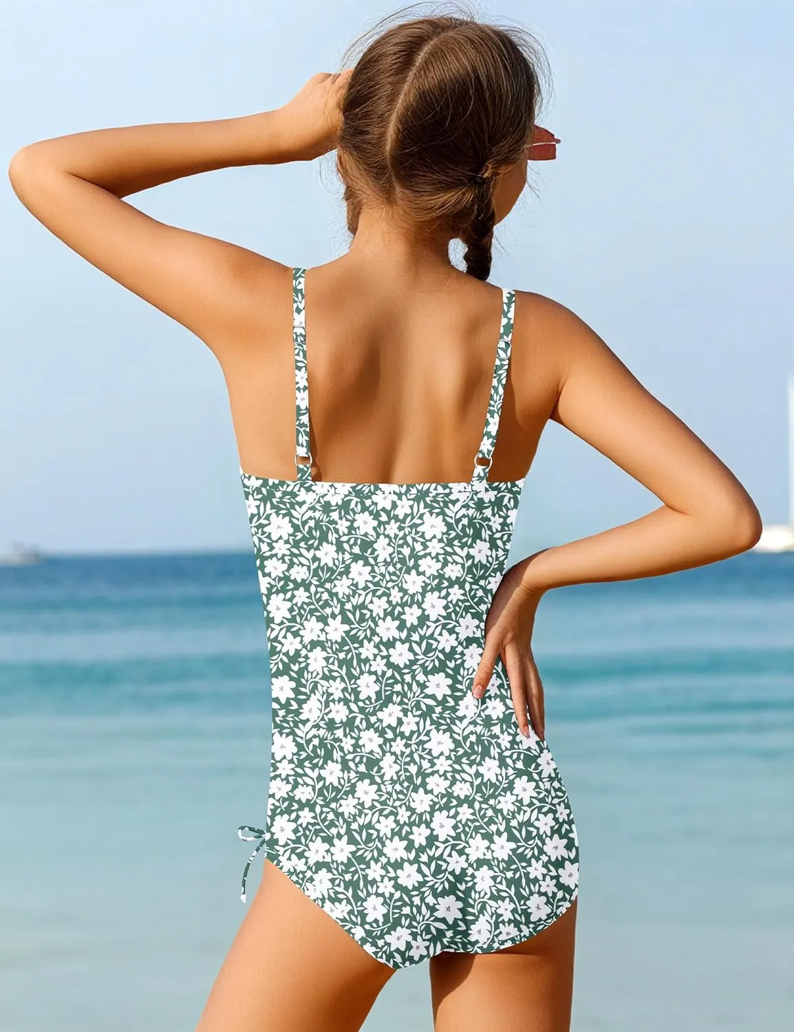 Girls Swimsuit One Piece Bathing Suit Color Block Strap Swimwear Drawstring Swimsuits for Teens 9-16Y with Padded