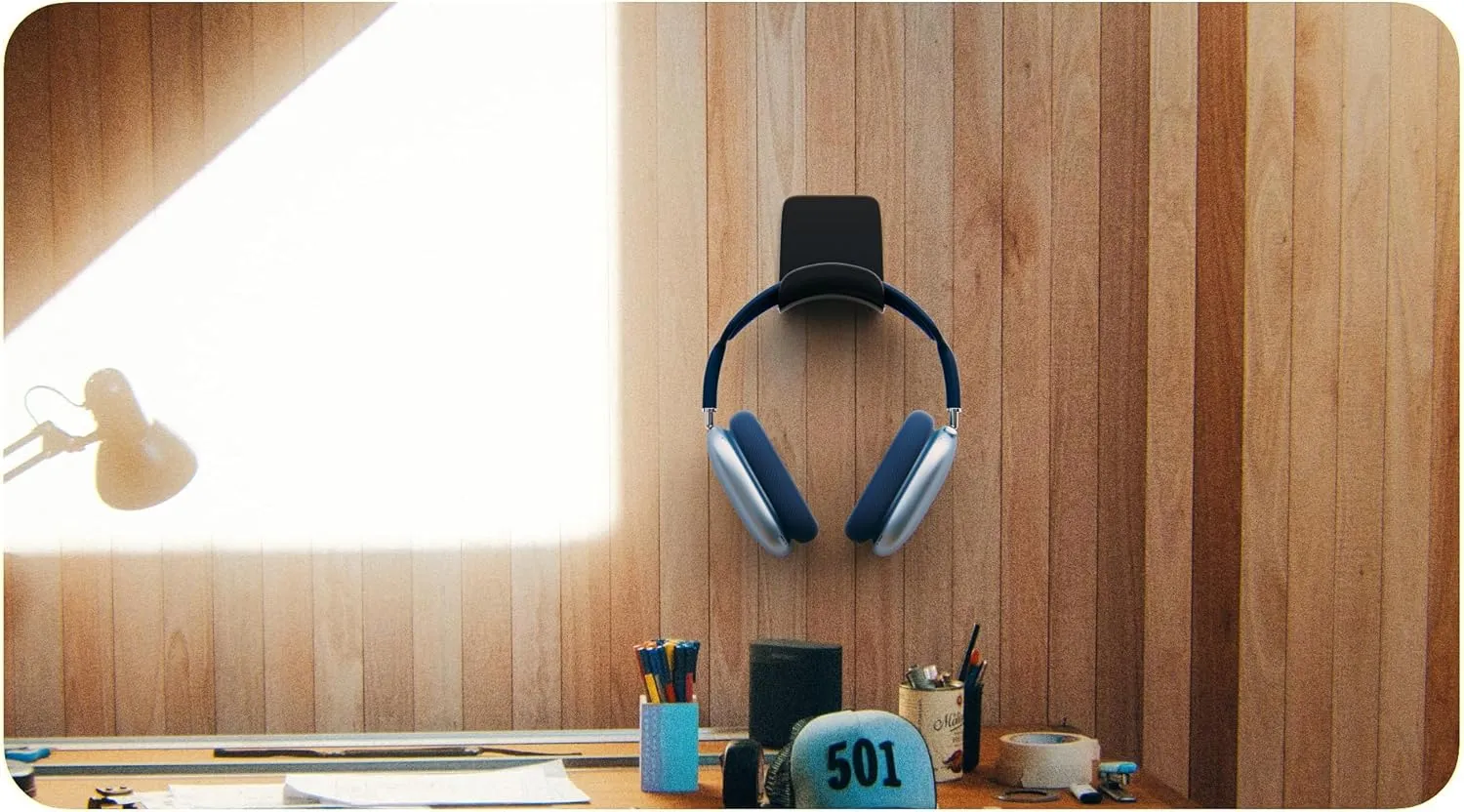 ME-E Mini Headphone Stand for Desk  Under Desk Headset Wall Mount with Strong Adhesive Hook, Compatible with Airpods Max &Most Headphone/Controller (Wall Mount/White)