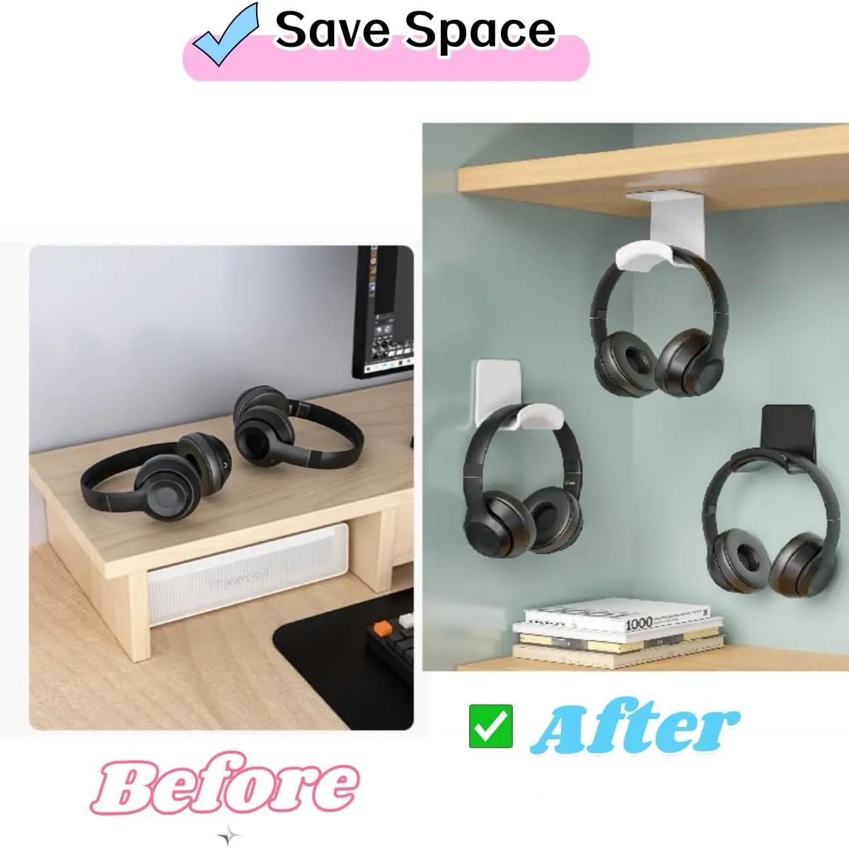 ME-E Mini Headphone Stand for Desk  Under Desk Headset Wall Mount with Strong Adhesive Hook, Compatible with Airpods Max &Most Headphone/Controller (Wall Mount/White)