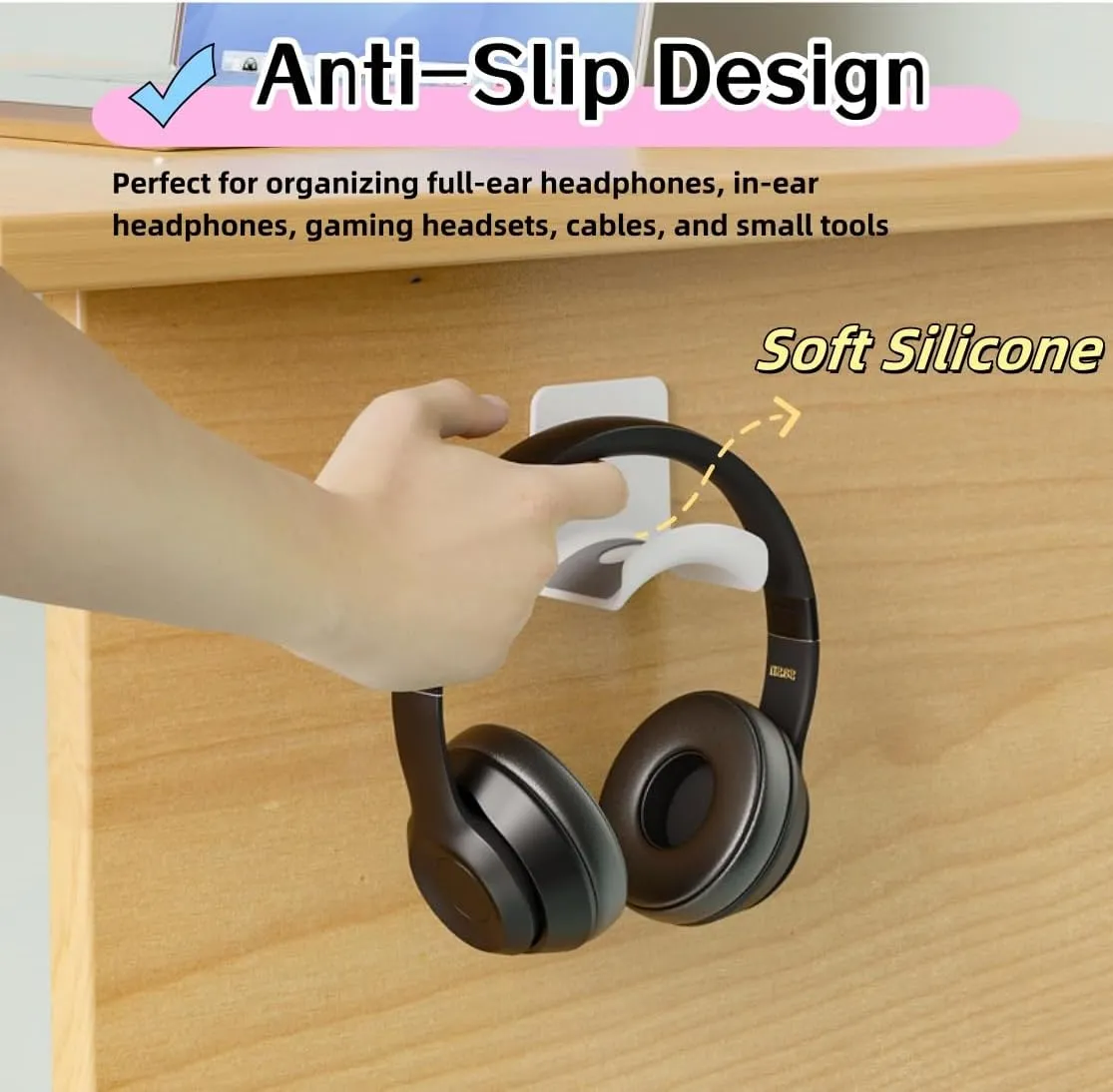 ME-E Mini Headphone Stand for Desk  Under Desk Headset Wall Mount with Strong Adhesive Hook, Compatible with Airpods Max &Most Headphone/Controller (Wall Mount/White)