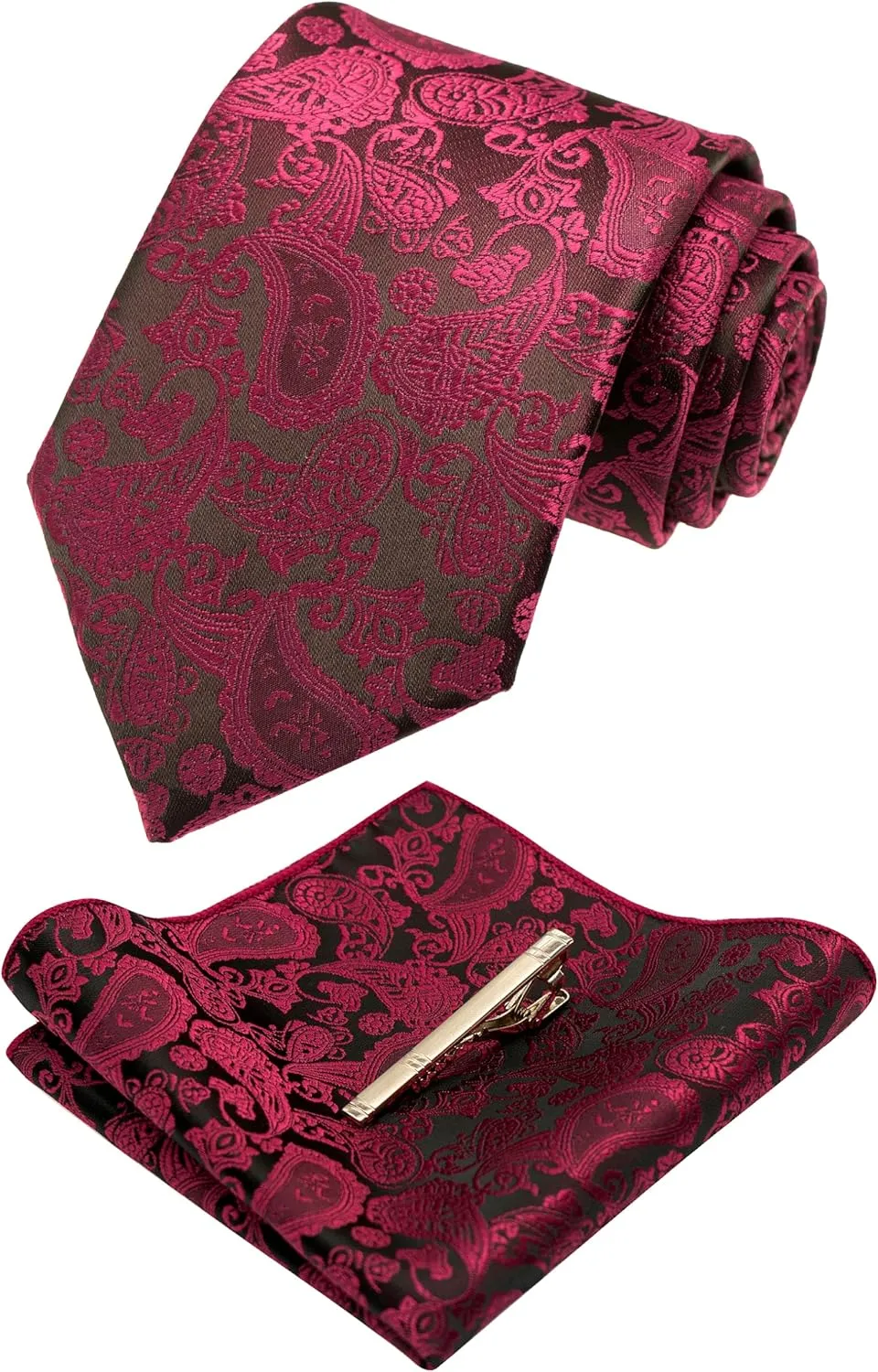 Mens Solid Color Paisley Necktie and Pocket Square with Tie Clip Sets