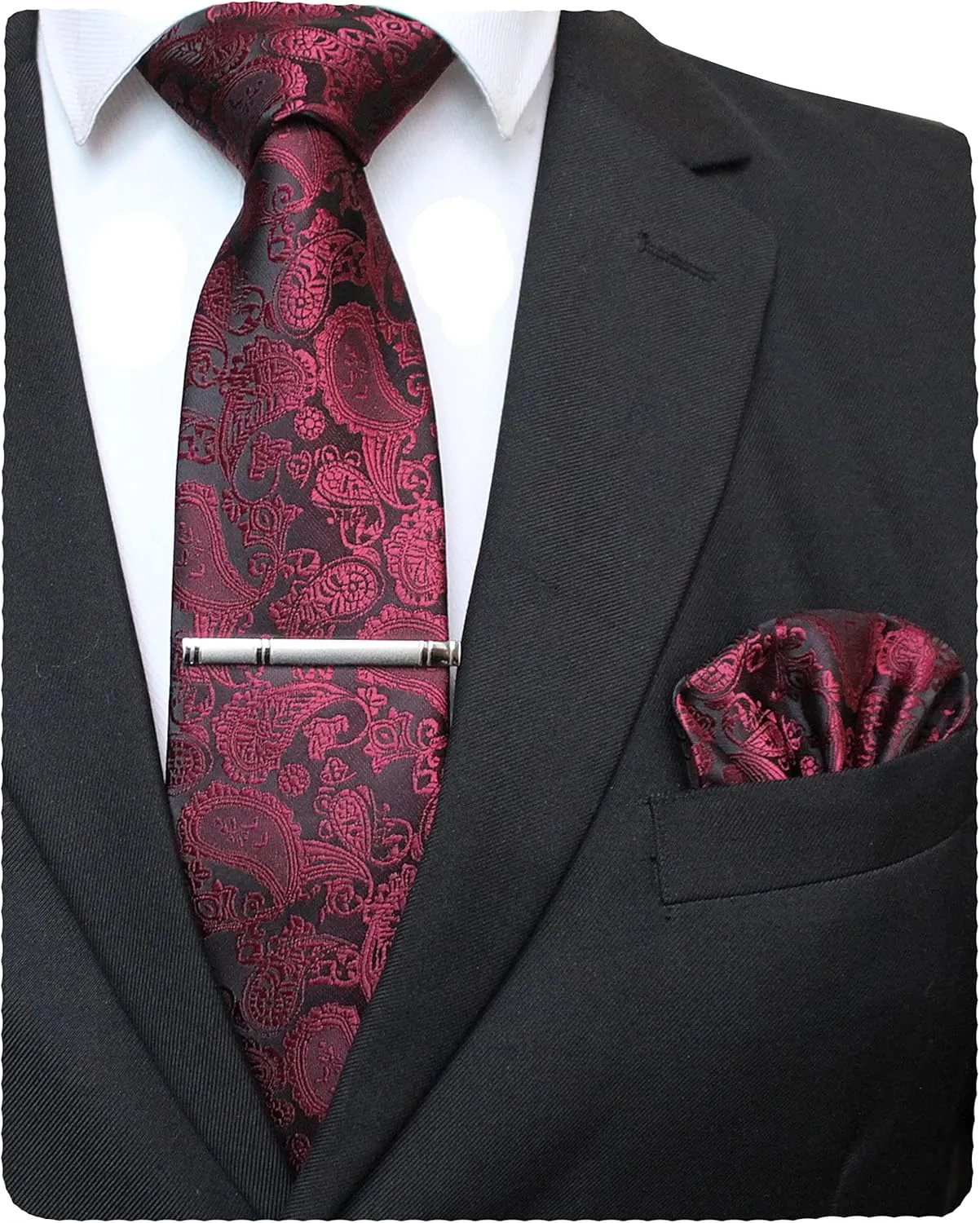 Mens Solid Color Paisley Necktie and Pocket Square with Tie Clip Sets