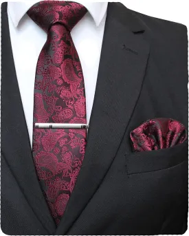 Mens Solid Color Paisley Necktie and Pocket Square with Tie Clip Sets