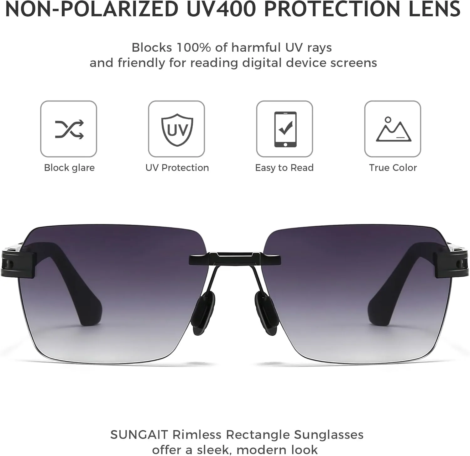 SUNGAIT Rimless Rectangle Sunglasses Square Frameless Shades for Men Women Y2K Vintage UV Protection